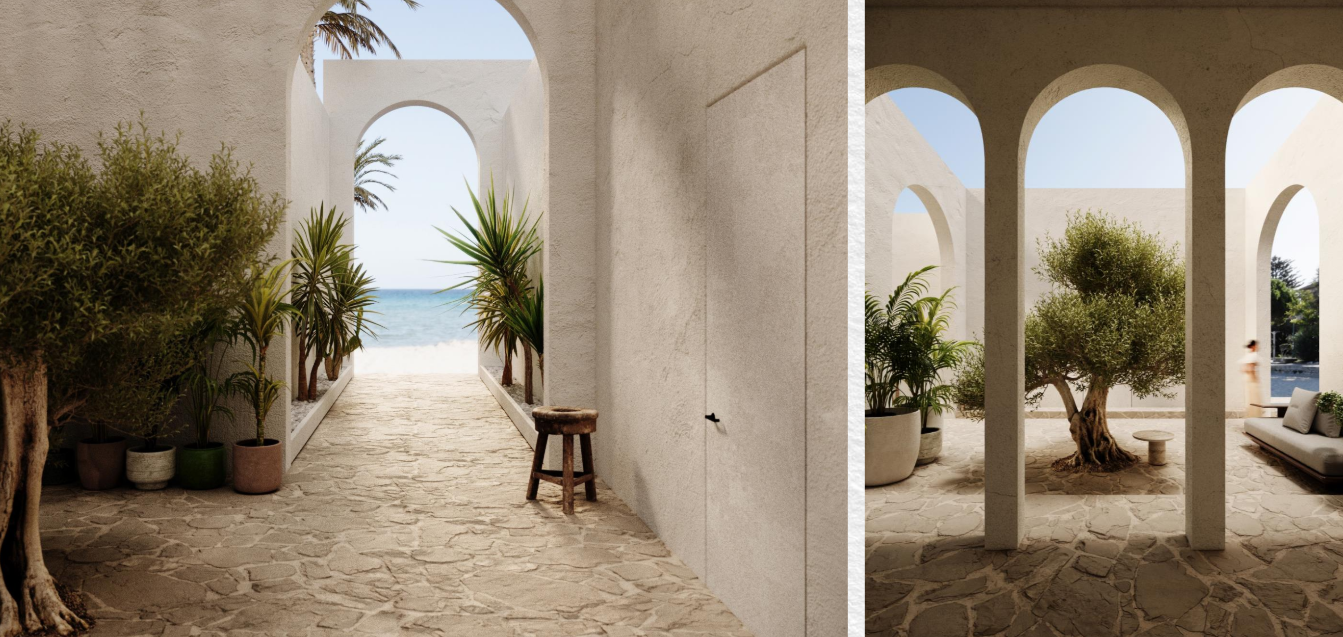 Ogami Ras El Hekma’s white arches leading to a serene courtyard by the sea